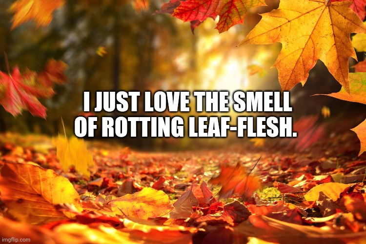 Rotting Leaf-Flesh |  I JUST LOVE THE SMELL
OF ROTTING LEAF-FLESH. | image tagged in funny,fall | made w/ Imgflip meme maker