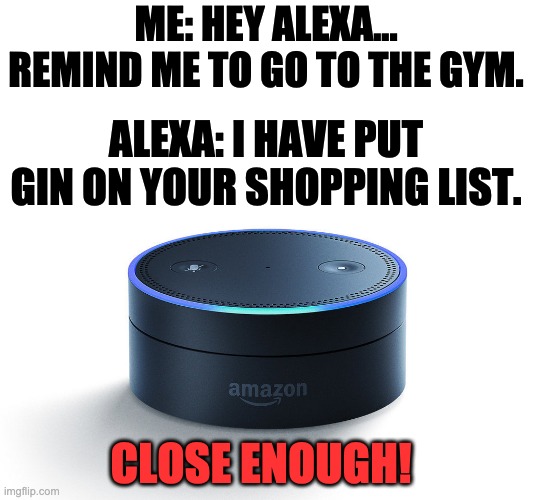 Gym | ME: HEY ALEXA... REMIND ME TO GO TO THE GYM. ALEXA: I HAVE PUT GIN ON YOUR SHOPPING LIST. CLOSE ENOUGH! | image tagged in alexa echo | made w/ Imgflip meme maker