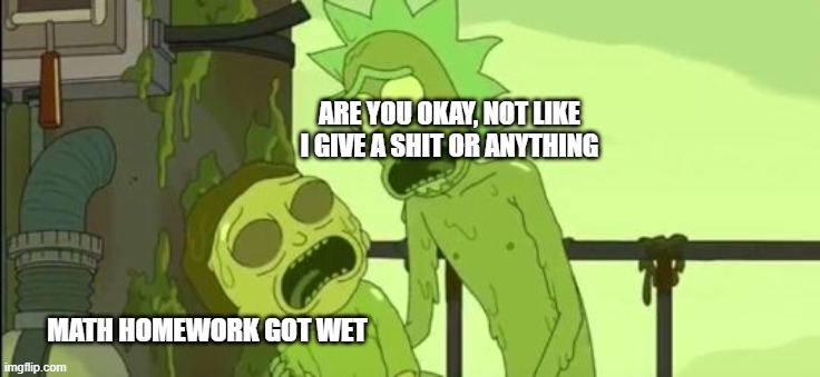 I'm Toxic Rick | ARE YOU OKAY, NOT LIKE I GIVE A SHIT OR ANYTHING; MATH HOMEWORK GOT WET | image tagged in toxic rick and morty,rick and morty | made w/ Imgflip meme maker