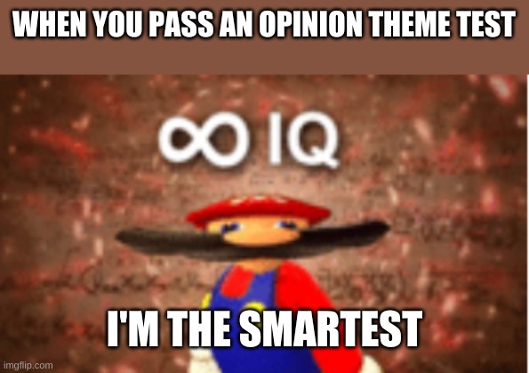 Infinite IQ | WHEN YOU PASS AN OPINION THEME TEST; I'M THE SMARTEST | image tagged in infinite iq | made w/ Imgflip meme maker