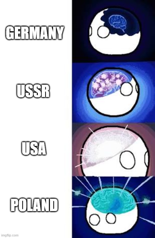 polandball expanding brain | GERMANY; USSR; USA; POLAND | image tagged in polandball expanding brain,bad pun polandball | made w/ Imgflip meme maker