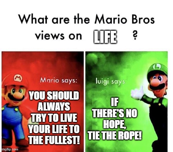 Mario Bros Views | YOU SHOULD ALWAYS TRY TO LIVE YOUR LIFE TO THE FULLEST! IF THERE'S NO HOPE, TIE THE ROPE! LIFE | image tagged in mario bros views | made w/ Imgflip meme maker