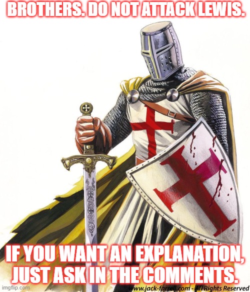 Holy Crusader | BROTHERS. DO NOT ATTACK LEWIS. IF YOU WANT AN EXPLANATION, JUST ASK IN THE COMMENTS. | image tagged in holy crusader | made w/ Imgflip meme maker