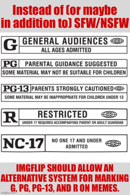 “NSFW” is a fuzzy concept. Everyone’s familiar with the movie rating system and this would allow for more precision. | Instead of (or maybe in addition to) SFW/NSFW; IMGFLIP SHOULD ALLOW AN ALTERNATIVE SYSTEM FOR MARKING G, PG, PG-13, AND R ON MEMES. | image tagged in movie rating system g pg pg-13 r nc-17,nsfw,sfw,ratings,pg,pg-13 | made w/ Imgflip meme maker