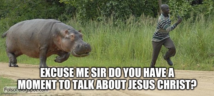 Hippo chasing man | EXCUSE ME SIR DO YOU HAVE A MOMENT TO TALK ABOUT JESUS CHRIST? | image tagged in hippo chasing man | made w/ Imgflip meme maker