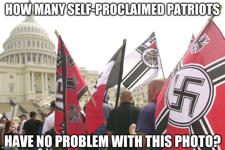 Nazis neo-nazi flags parade Capitol Washington DC | HOW MANY SELF-PROCLAIMED PATRIOTS HAVE NO PROBLEM WITH THIS PHOTO? | image tagged in nazis neo-nazi flags parade capitol washington dc | made w/ Imgflip meme maker