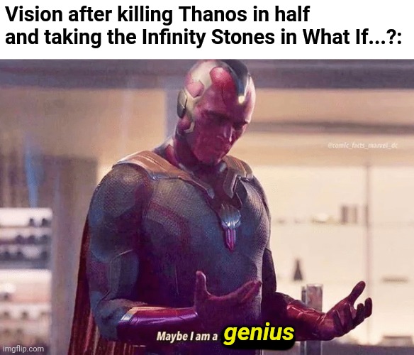 Maybe i am a monster blank | Vision after killing Thanos in half and taking the Infinity Stones in What If...?:; genius | image tagged in maybe i am a monster blank,what if,vision,thanos infinity stones | made w/ Imgflip meme maker