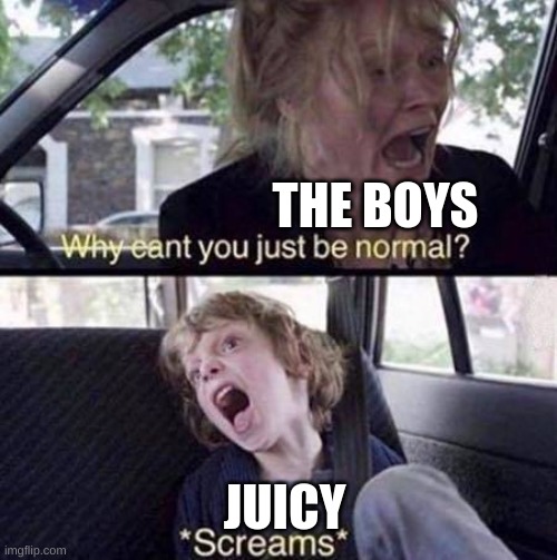 funny | THE BOYS; JUICY | image tagged in why can't you just be normal | made w/ Imgflip meme maker