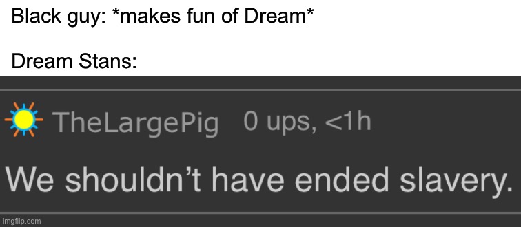 Ok this joke is old after 2 memes I’m done. | Black guy: *makes fun of Dream*
 
Dream Stans: | image tagged in funny | made w/ Imgflip meme maker