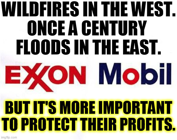 Exxon/Mobil just spent $275,000 in one week on Facebook ads against climate change. | WILDFIRES IN THE WEST.
ONCE A CENTURY 
FLOODS IN THE EAST. BUT IT'S MORE IMPORTANT TO PROTECT THEIR PROFITS. | image tagged in oil,company,evil,climate change,global warming | made w/ Imgflip meme maker