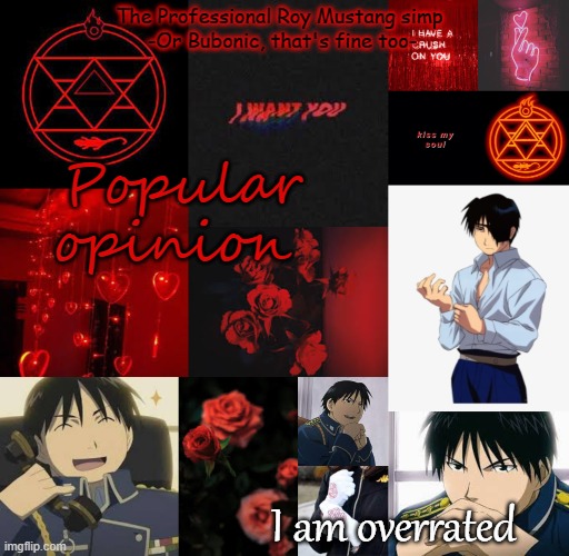 Fight me | Popular opinion; I am overrated | image tagged in i am a professional roy mustang simp | made w/ Imgflip meme maker