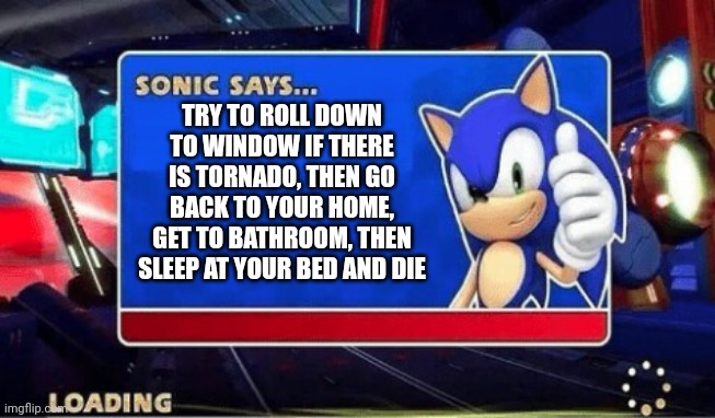 either do i | TRY TO ROLL DOWN TO WINDOW IF THERE IS TORNADO, THEN GO BACK TO YOUR HOME, GET TO BATHROOM, THEN SLEEP AT YOUR BED AND DIE | image tagged in sonic says,tornado | made w/ Imgflip meme maker