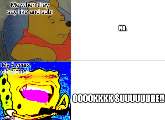 aaaaa | Me when they say like and sub:; NO. My 5 years old brother:; OOOOKKKK SUUUUUURE!! | image tagged in memes,tuxedo winnie the pooh | made w/ Imgflip meme maker