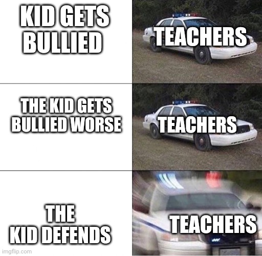 True dat | KID GETS BULLIED; TEACHERS; THE KID GETS BULLIED WORSE; TEACHERS; TEACHERS; THE KID DEFENDS | image tagged in accurate | made w/ Imgflip meme maker