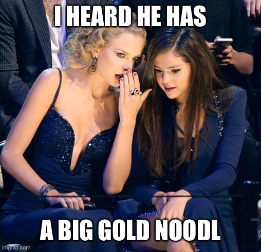 girl talk | I HEARD HE HAS; A BIG GOLD NOODLE | image tagged in girl talk | made w/ Imgflip meme maker
