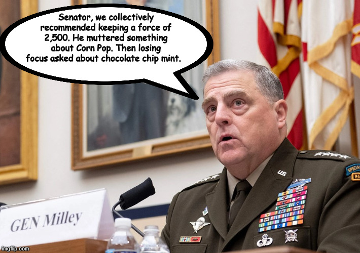 Throughly Modern Milley | Senator, we collectively recommended keeping a force of 2,500. He muttered something about Corn Pop. Then losing focus asked about chocolate chip mint. | image tagged in joe biden | made w/ Imgflip meme maker