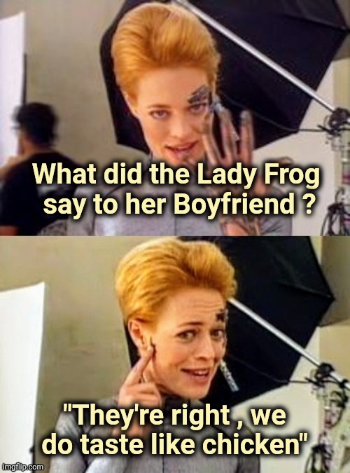 7 of 9 joke | What did the Lady Frog 
say to her Boyfriend ? "They're right , we do taste like chicken" | image tagged in 7 of 9 joke | made w/ Imgflip meme maker