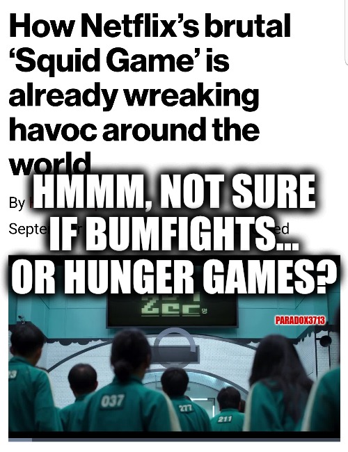 Art predicting the future? | HMMM, NOT SURE IF BUMFIGHTS... OR HUNGER GAMES? PARADOX3713 | image tagged in memes,netflix,politics,hunger games,elitist,dystopia | made w/ Imgflip meme maker