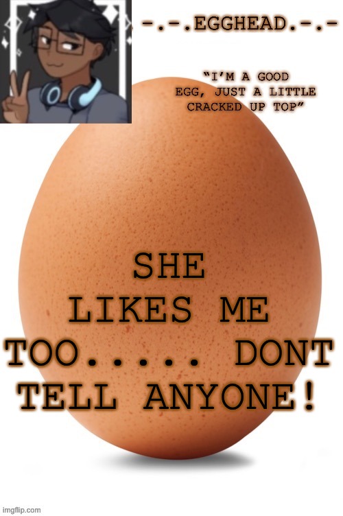 Egghead temp (definetley made by egghead. Definetly not Spiro... | SHE LIKES ME TOO..... DONT TELL ANYONE! | image tagged in egghead temp | made w/ Imgflip meme maker