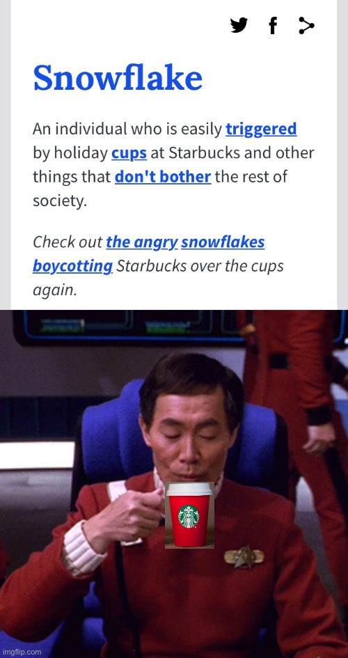 Haha.  Triggered | image tagged in sulu sipping tea | made w/ Imgflip meme maker