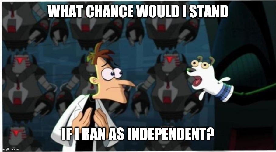 I would support a ranked parliament system like randomness has proposed, and I hold classical liberal (not leftist) values | WHAT CHANCE WOULD I STAND; IF I RAN AS INDEPENDENT? | image tagged in doofenshmirtz nickel | made w/ Imgflip meme maker