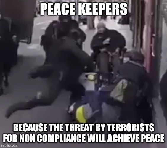 Peace Keepers | PEACE KEEPERS; BECAUSE THE THREAT BY TERRORISTS FOR NON COMPLIANCE WILL ACHIEVE PEACE | image tagged in peace keepers,peace,keepers,threat,terrorism,non compliance | made w/ Imgflip meme maker