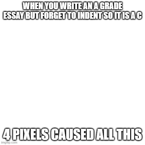 Blank Transparent Square Meme | WHEN YOU WRITE AN A GRADE ESSAY BUT FORGET TO INDENT SO IT IS A C; 4 PIXELS CAUSED ALL THIS | image tagged in memes,blank transparent square | made w/ Imgflip meme maker