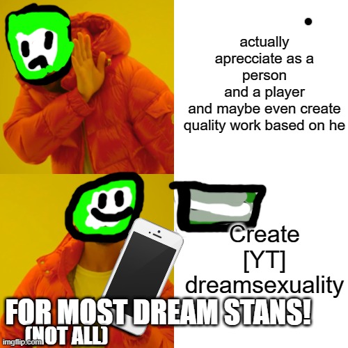 i think thats kinda true, u2? | actually aprecciate as a person
and a player
and maybe even create
quality work based on he; Create [YT] dreamsexuality; FOR MOST DREAM STANS! (NOT ALL) | image tagged in memes,drake hotline bling | made w/ Imgflip meme maker