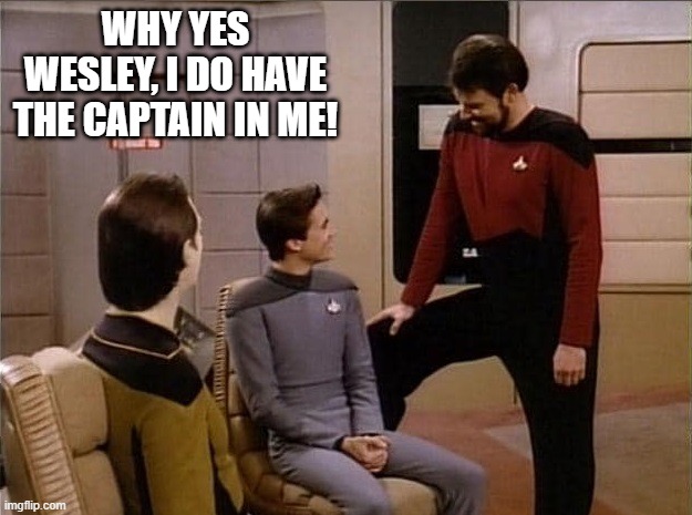 Do You Have the Captain in You? | WHY YES WESLEY, I DO HAVE THE CAPTAIN IN ME! | image tagged in data wesley riker leg raised | made w/ Imgflip meme maker