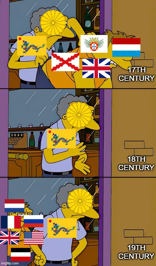 Those dang Europeans, what do they want now!!! | 17TH CENTURY; 18TH CENTURY; 19TH CENTURY | image tagged in moe throws barney,HistoryMemes | made w/ Imgflip meme maker