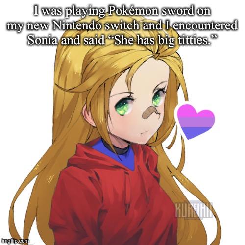 Made for friend | I was playing Pokémon sword on my new Nintendo switch and I encountered Sonia and said “She has big titties.” | image tagged in holly | made w/ Imgflip meme maker