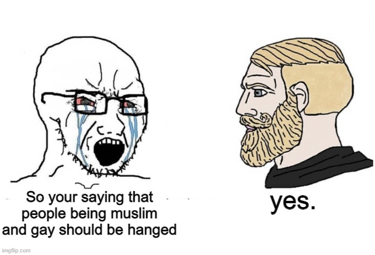 its right | yes. So your saying that people being muslim and gay should be hanged | image tagged in soyboy vs yes chad,memes,islam | made w/ Imgflip meme maker