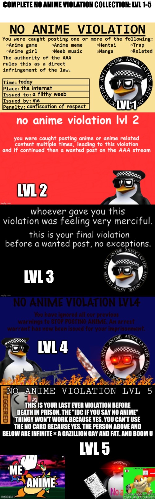 Template links in comments | COMPLETE NO ANIME VIOLATION COLLECTION: LVL 1-5; LVL 1; LVL 2; LVL 3; LVL 4; LVL 5 | image tagged in no anime,no anime violation lvl 2,no anime violation lvl 3,no anime violation lvl 4,no anime violation lvl 5 | made w/ Imgflip meme maker