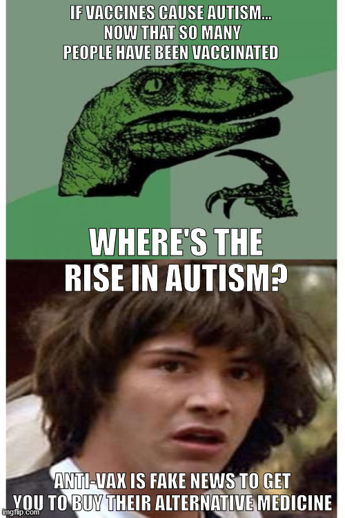 Conspiracy theory | IF VACCINES CAUSE AUTISM...
 NOW THAT SO MANY PEOPLE HAVE BEEN VACCINATED; WHERE'S THE RISE IN AUTISM? ANTI-VAX IS FAKE NEWS TO GET YOU TO BUY THEIR ALTERNATIVE MEDICINE | image tagged in conspiracy theory | made w/ Imgflip meme maker