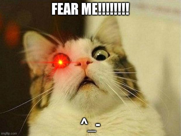 Scary cat. | FEAR ME!!!!!!!! ^_- | image tagged in memes,scared cat | made w/ Imgflip meme maker