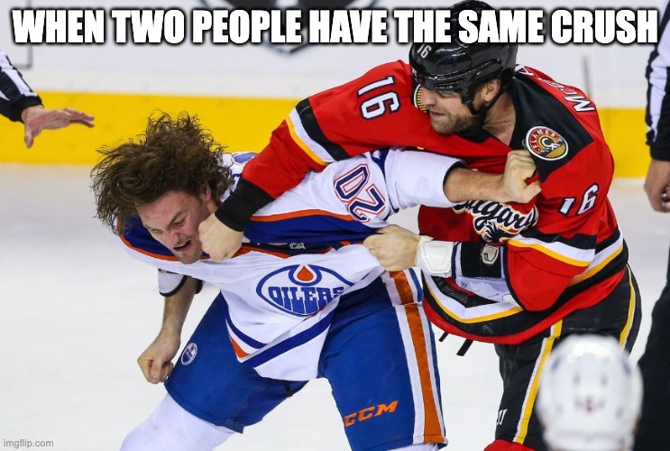 hockey fight | WHEN TWO PEOPLE HAVE THE SAME CRUSH | image tagged in hockey fight | made w/ Imgflip meme maker