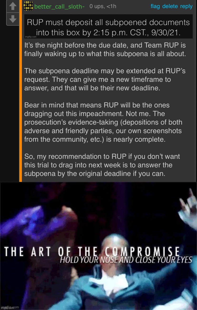 My statement on the subpoena. Once again, RUP will find I am being reasonable and flexible. | image tagged in aaron burr the art of the compromise,impeach,the,incognito,guy,impeach ig | made w/ Imgflip meme maker