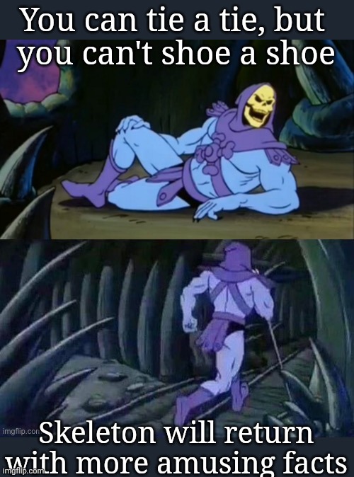 My first skeletor | You can tie a tie, but 
you can't shoe a shoe; Skeleton will return with more amusing facts | image tagged in skeletor disturbing facts,tie,shoes,funny memes,facts | made w/ Imgflip meme maker