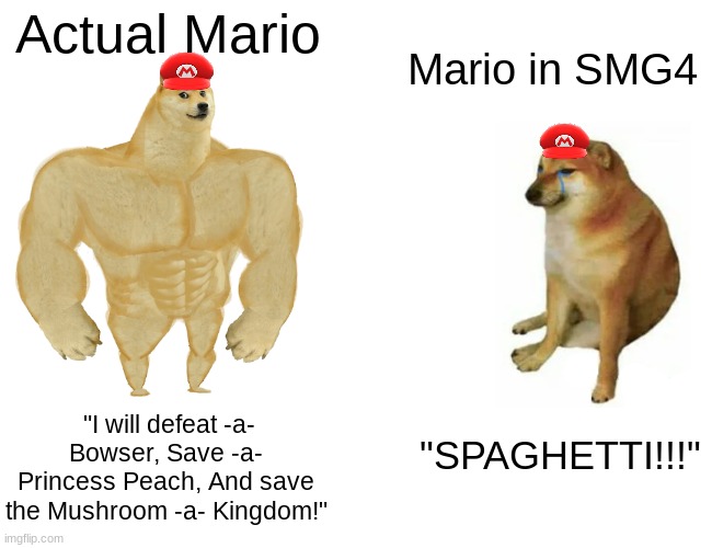 SMG4 made Mario so dumb |  Actual Mario; Mario in SMG4; "I will defeat -a- Bowser, Save -a- Princess Peach, And save the Mushroom -a- Kingdom!"; "SPAGHETTI!!!" | image tagged in smg4,mario,funny | made w/ Imgflip meme maker