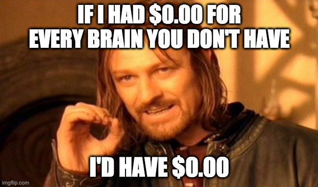One Does Not Simply Meme | IF I HAD $0.00 FOR EVERY BRAIN YOU DON'T HAVE; I'D HAVE $0.00 | image tagged in memes,one does not simply | made w/ Imgflip meme maker