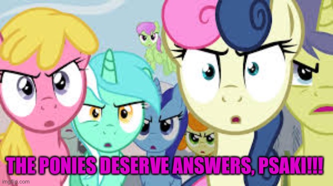 angry group of ponies | THE PONIES DESERVE ANSWERS, PSAKI!!! | image tagged in angry group of ponies | made w/ Imgflip meme maker