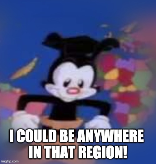 YAKKO | I COULD BE ANYWHERE 
IN THAT REGION! | image tagged in yakko | made w/ Imgflip meme maker