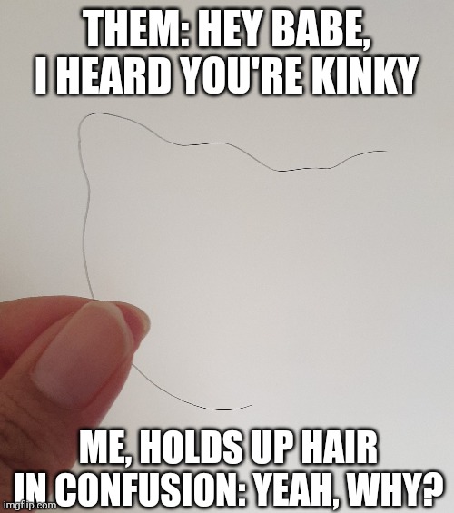 Oblivious kink | THEM: HEY BABE, I HEARD YOU'RE KINKY; ME, HOLDS UP HAIR IN CONFUSION: YEAH, WHY? | image tagged in memes | made w/ Imgflip meme maker