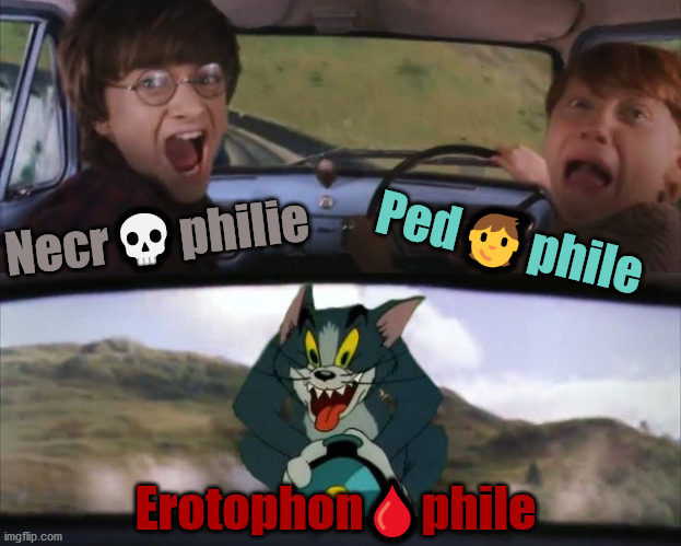 kiss or bite ? | Necr💀philie; Ped🧒phile; Erotophon🩸phile | image tagged in tom chasing harry and ron weasly,paraphilia,please don't nsfw this | made w/ Imgflip meme maker