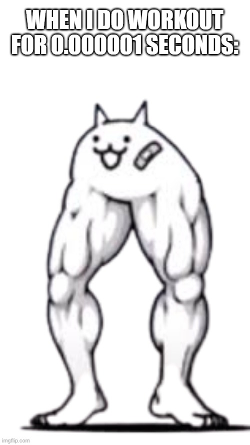 buff in 0.000001 seconds ... | WHEN I DO WORKOUT FOR 0.000001 SECONDS: | image tagged in li'l macho legs cat,memes,increasingly buff,workout,relatable memes,oh wow are you actually reading these tags | made w/ Imgflip meme maker