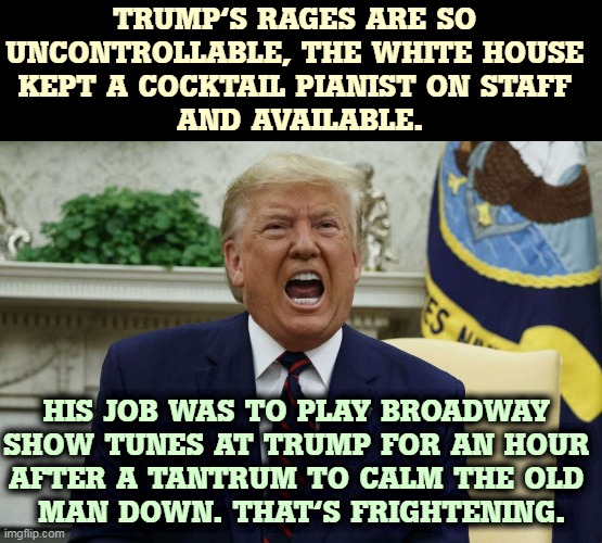 We knew he was nuts, but we didn't know how nuts. | TRUMP'S RAGES ARE SO 
UNCONTROLLABLE, THE WHITE HOUSE 
KEPT A COCKTAIL PIANIST ON STAFF 
AND AVAILABLE. HIS JOB WAS TO PLAY BROADWAY 
SHOW TUNES AT TRUMP FOR AN HOUR 
AFTER A TANTRUM TO CALM THE OLD 
MAN DOWN. THAT'S FRIGHTENING. | image tagged in trump,dementia,rage,nuts,crazy,looney tunes | made w/ Imgflip meme maker