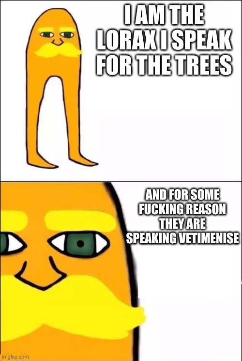 but why? |  I AM THE LORAX I SPEAK FOR THE TREES; AND FOR SOME FUCKING REASON THEY ARE SPEAKING VETIMENISE | image tagged in the lorax,idk,sus,im gay | made w/ Imgflip meme maker