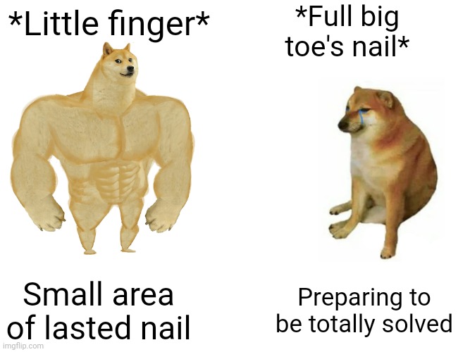 -Single warrior in the field. | *Full big toe's nail*; *Little finger*; Small area of lasted nail; Preparing to be totally solved | image tagged in memes,buff doge vs cheems,holding up finger,nails,toe,problem solved | made w/ Imgflip meme maker