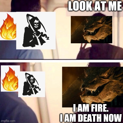 Fire and Death | LOOK AT ME; I AM FIRE. I AM DEATH NOW | image tagged in smaug,fire,death,look at me,hobbit,literally | made w/ Imgflip meme maker