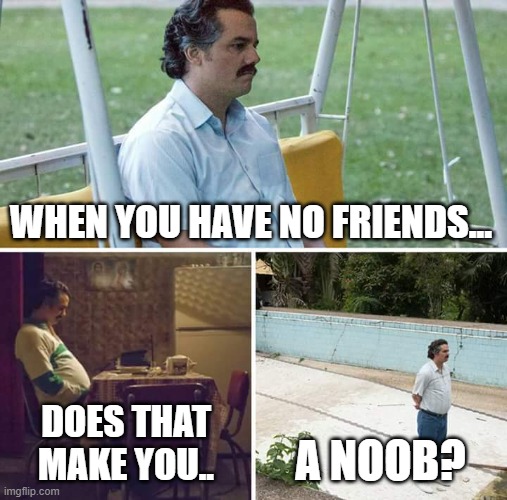Sad Pablo Escobar Meme | WHEN YOU HAVE NO FRIENDS... DOES THAT MAKE YOU.. A NOOB? | image tagged in memes,sad pablo escobar | made w/ Imgflip meme maker